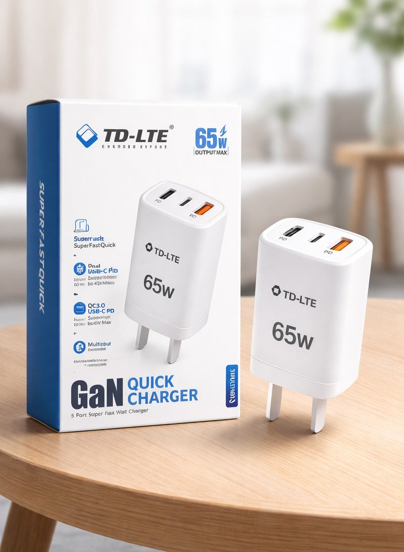 تي دي كيه-إل تي إي شاحن سريع بتقنية TD-LTE بقوة 65 واط بتقنية GaN - محول حائط فائق الصغر بثلاثة منافذ USB-C مع منفذي PD ومنفذ USB-A - توصيل طاقة عالي السرعة لأجهزة iPhone وSamsung وMacBook وأجهزة الكمبيوتر المحمولة - قابس أمان ثلاثي الأطراف بريطاني، أبيض - Image 2