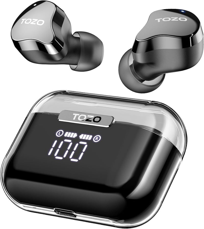 TOZO T18 Bluetooth 5.3 True Wireless Stereo Earbuds IPX8 Waterproof in Ear Headset Call Noise Reduction Headphones with Digital Display and Transparent Case Long Standby Earphones Black - Image 1