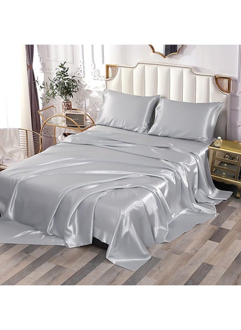 Sfoothome Silver Satin Bed Sheet Set Satin Sheets Twin Size Deep Pocket Silky Satin Sheet Set with 1 Fitted Sheet 1 Flat Sheet and 1 Pillow Case Wrinkle Fade Stain Resistant 3 Piece