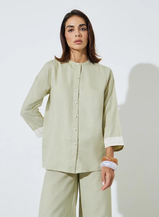 أميرة Green Mandarin Collar Shirt and Straight Pants Modest Set