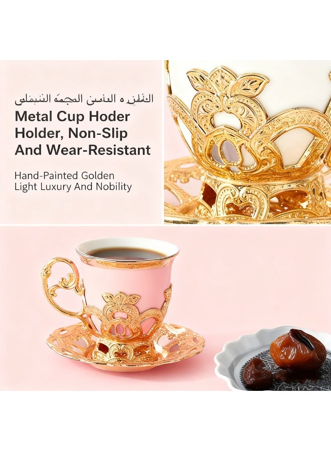 طقم أكواب شاي تركي بتصميم عربي شرق أوسطي، يتضمن أكواب قهوة تركية وإسبريسو مع حوامل معدنية وصحون؛ سعة 2.8 أونصة. طقم مثالي للرجال والنساء، ويُعد من أفضل هدايا الانتقال إلى منزل جديد وهدايا أعياد الميلاد. - Image 2
