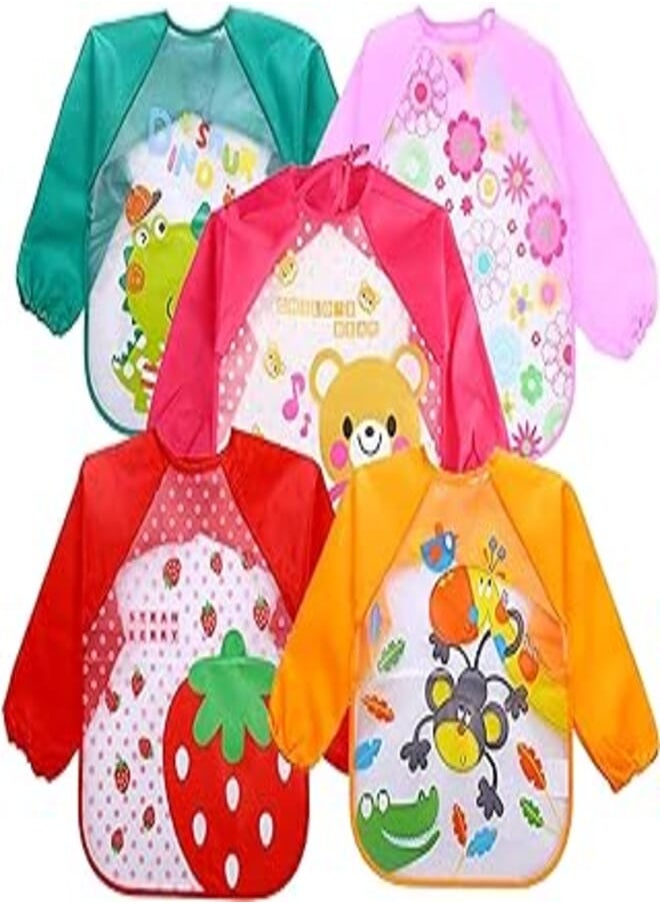 DOMENICO - DOMENICO Waterproof Colorful Children Bib Cute Cartoon Animals Baby Bibs Full Sleeve Children Apron Long Sleeve Feeding Bibs, Pack of 5 - Image 1