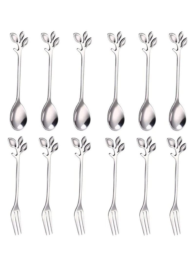 SYOSI Coffee Tea Spoon, 12 Pieces Stainless Steel Dessert Tea Sugar Spoons, Stainless Steel Tea Fork, Appetizer Dessert Forks, Including 6 Spoons and 6 Forks, for Kitchen Tea Parties Coffee Shops - Image 1