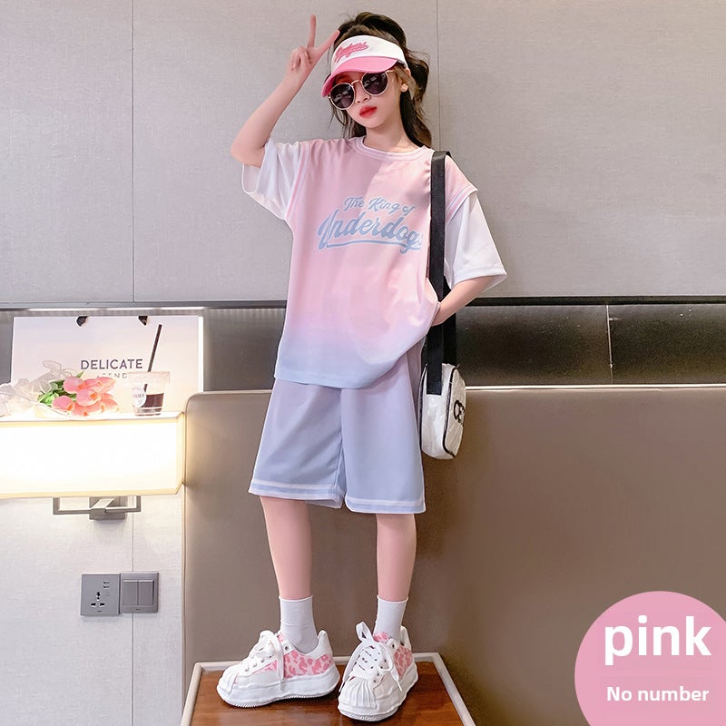 Girls Gradient Basketball Suit Summer Set Pink No Number 