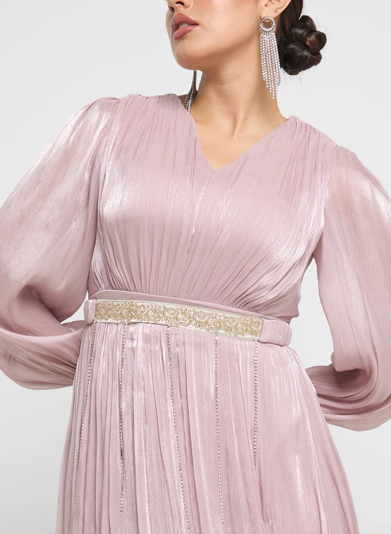 Khizana Ruched Dress With Puff Sleeves