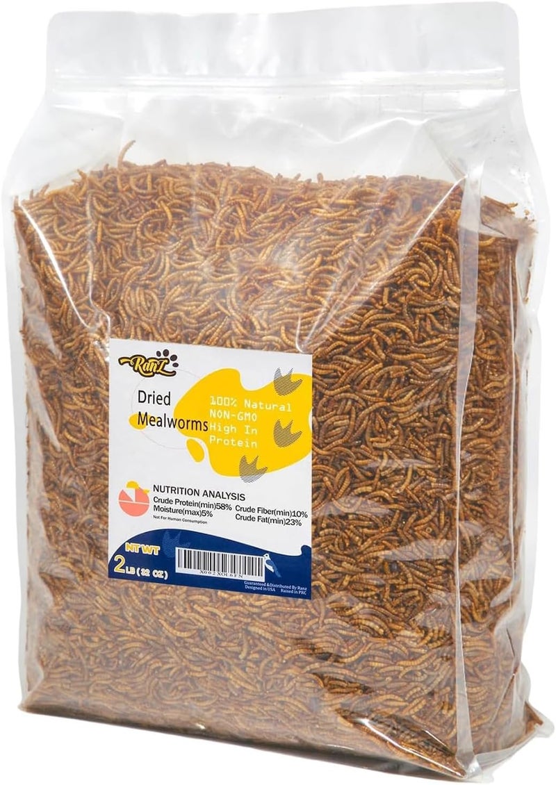 RANZ 2LBS Non-GMO Dried Mealworms for Chickens, High Protein Meal Worms, Premium Chicken Feed, Whole Large Mealworms for Blue Birds, Ducks, Fish - Image 1