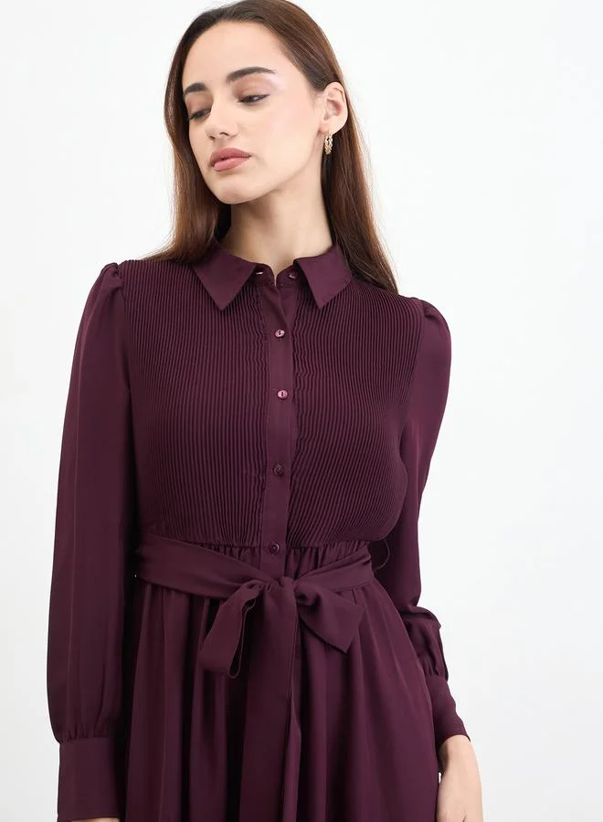 Styli  Women Burgundy Maxi Dress with Tie Belt for Women | Best Price UAE