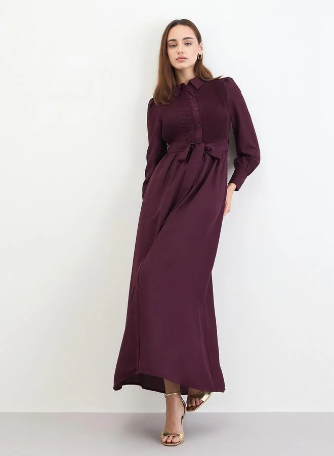 Styli Women Burgundy Maxi Dress with Tie Belt