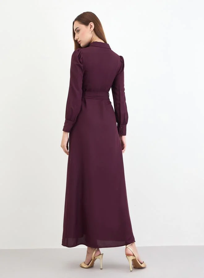 Styli  Women Burgundy Maxi Dress with Tie Belt for Women | Best Price UAE