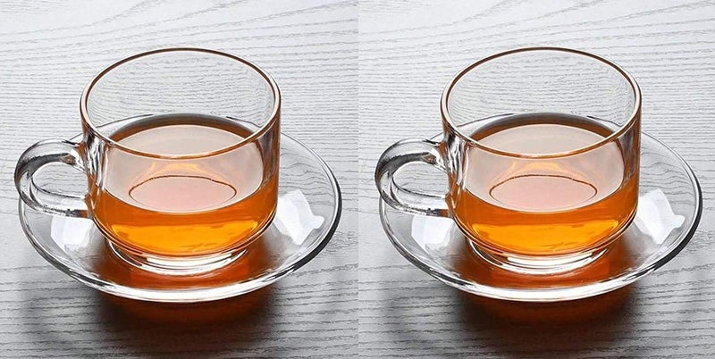 RISELLO Roma Glass Tea Cup Saucer Set Clear Cups 180 ml Capacity Set of 2 Cup 2 Saucer - Image 1