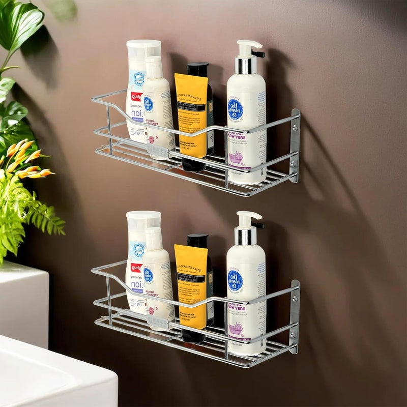Kuber Industries Kuber Industries Pack of 2 Stainless Steel Bathroom Shelf for Wall Washroom Organizer Shampoo Holder Stand 12 Inch Kitchen Storage Rack Silver  - Image 1