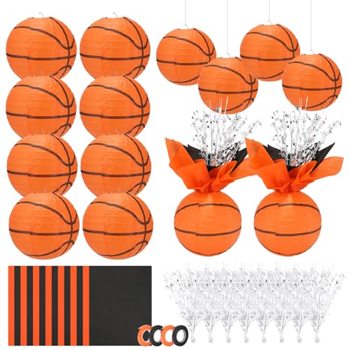 PLUVAVA 36 Pieces Basketball Paper Lanterns Centerpieces Decorations Basketball Lanterns Table Centerpieces with Metallic Foil Centerpiece Wrapping Paper and Ribbons for Birthday Party (36 PCS，Basketball) - Image 1