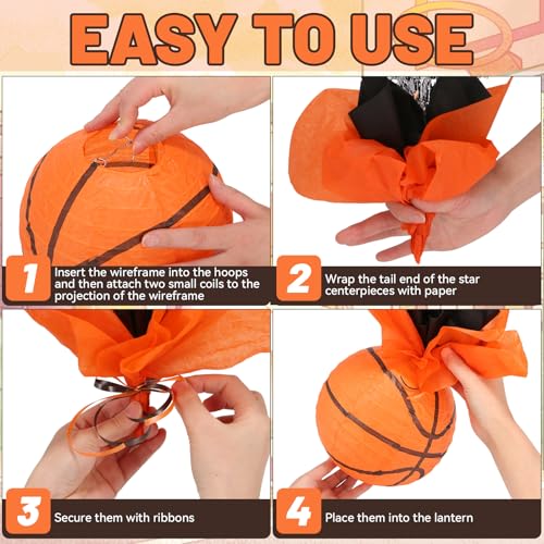 PLUVAVA 36 Pieces Basketball Paper Lanterns Centerpieces Decorations Basketball Lanterns Table Centerpieces with Metallic Foil Centerpiece Wrapping Paper and Ribbons for Birthday Party (36 PCS，Basketball) - Image 3
