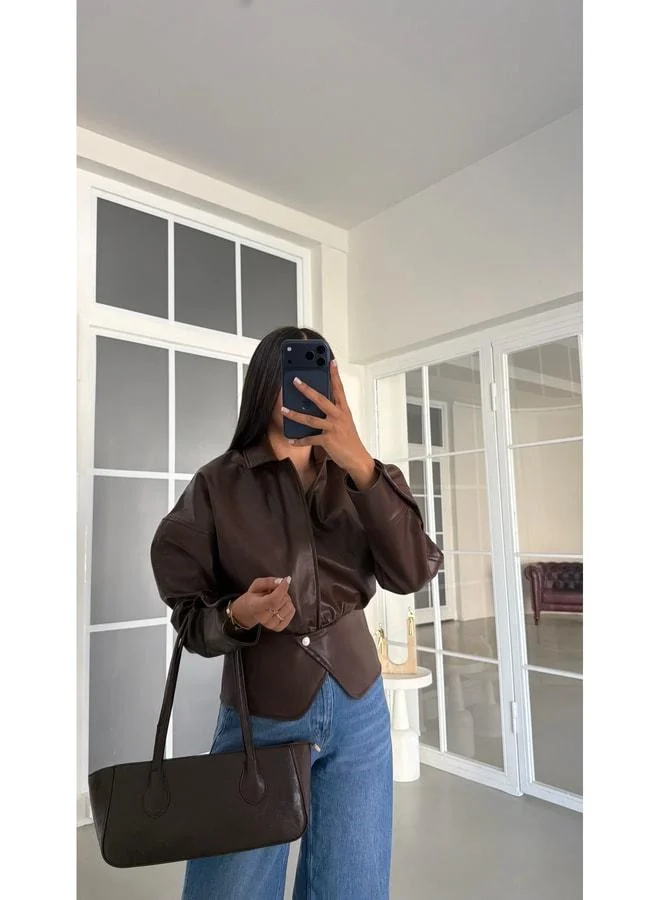 Coffee Button Detailed Premium Leather Jacket GAUS-01992.