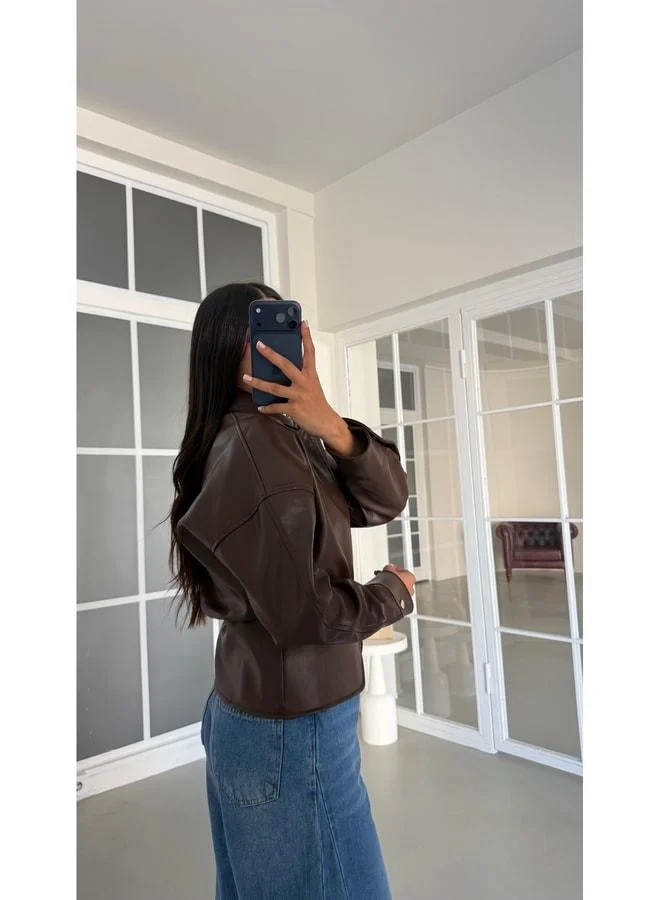 Gaus  Coffee Button Detailed Premium Leather Jacket GAUS-01992. for Women | Best Price UAE