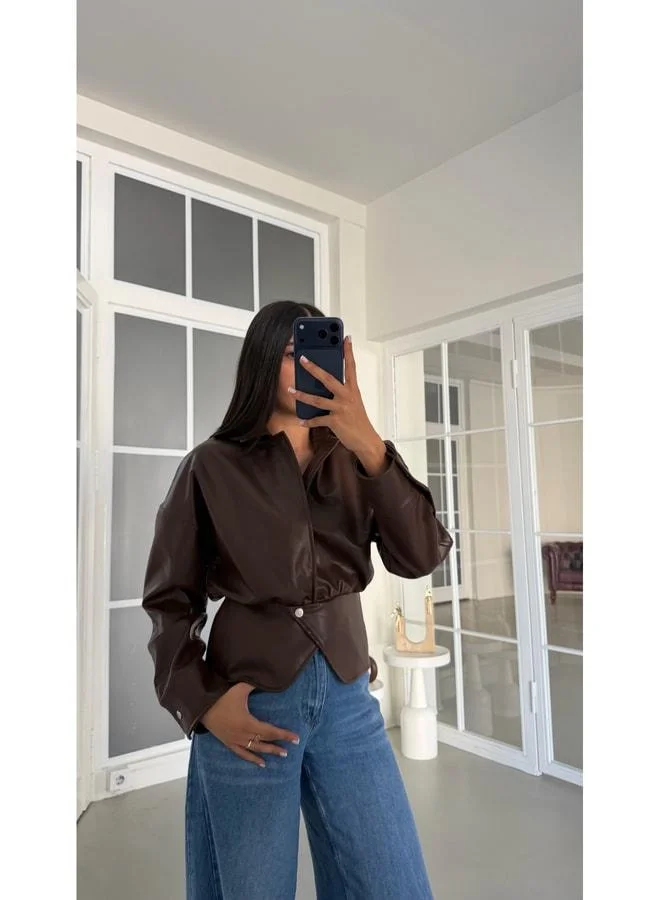 Gaus  Coffee Button Detailed Premium Leather Jacket GAUS-01992. for Women | Best Price UAE