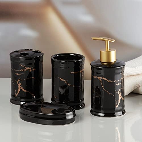 Kookee Ceramic Bathroom Set – Stylish 4 Piece Bath Accessories Kit with Soap Dispenser, Toothbrush Holder, Tumbler & Soap Dish – Modern & Designer Decor for Home & Guest Bathrooms, Black/Gold (8228) - Image 3