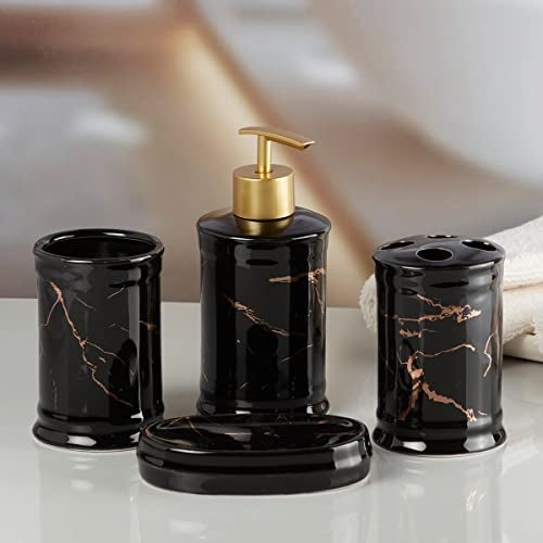 Kookee Ceramic Bathroom Set – Stylish 4 Piece Bath Accessories Kit with Soap Dispenser, Toothbrush Holder, Tumbler & Soap Dish – Modern & Designer Decor for Home & Guest Bathrooms, Black/Gold (8228) - Image 4