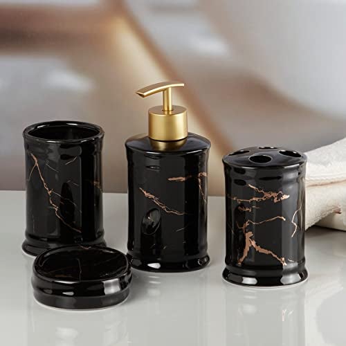 Kookee Ceramic Bathroom Set – Stylish 4 Piece Bath Accessories Kit with Soap Dispenser, Toothbrush Holder, Tumbler & Soap Dish – Modern & Designer Decor for Home & Guest Bathrooms, Black/Gold (8228) - Image 1
