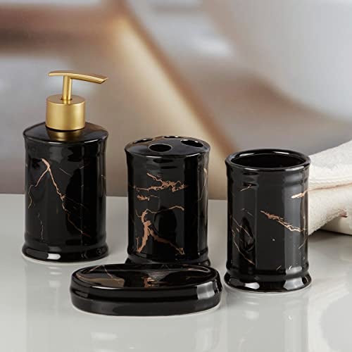 Kookee Ceramic Bathroom Set – Stylish 4 Piece Bath Accessories Kit with Soap Dispenser, Toothbrush Holder, Tumbler & Soap Dish – Modern & Designer Decor for Home & Guest Bathrooms, Black/Gold (8228) - Image 2