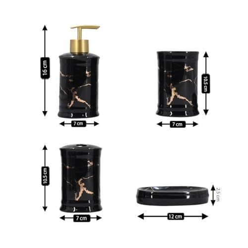 Kookee Ceramic Bathroom Set – Stylish 4 Piece Bath Accessories Kit with Soap Dispenser, Toothbrush Holder, Tumbler & Soap Dish – Modern & Designer Decor for Home & Guest Bathrooms, Black/Gold (8228) - Image 5