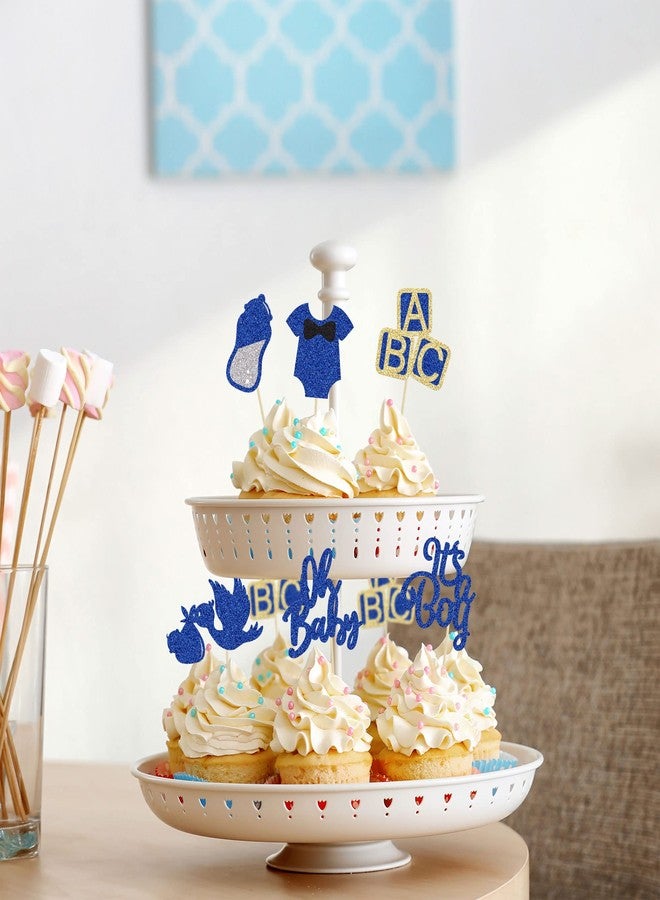Ephlyn 24Pcs Baby Shower Oh Baby Cupcake Toppers with Bow Onesie Bottle Boy Deep Blue Glitter Cake Picks Decorations for Baby Shower Gender Reveal It's a Boy Birthday Party Supplies - Image 4