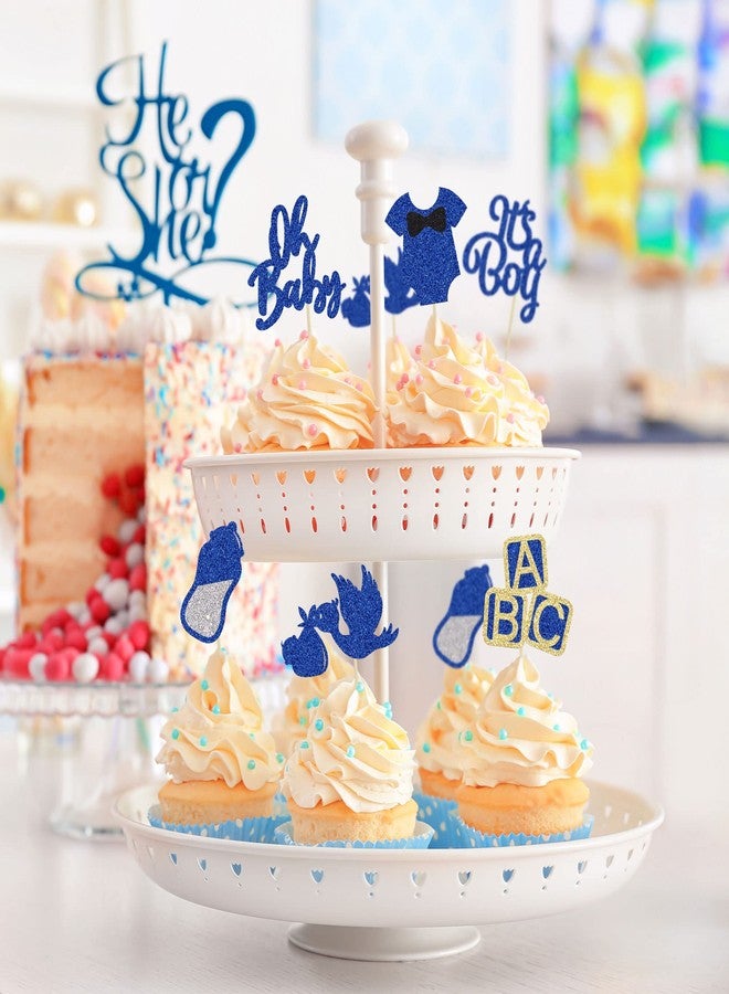 Ephlyn 24Pcs Baby Shower Oh Baby Cupcake Toppers with Bow Onesie Bottle Boy Deep Blue Glitter Cake Picks Decorations for Baby Shower Gender Reveal It's a Boy Birthday Party Supplies - Image 5