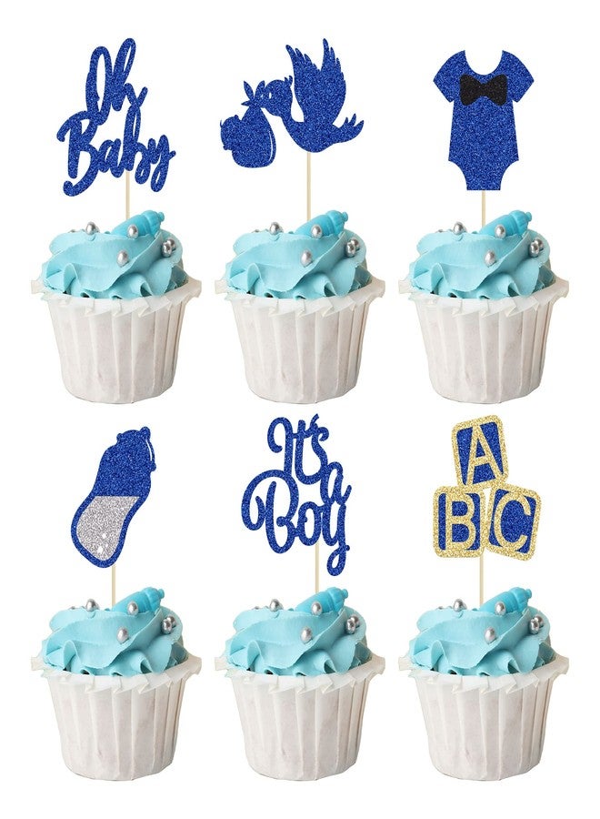 Ephlyn 24Pcs Baby Shower Oh Baby Cupcake Toppers with Bow Onesie Bottle Boy Deep Blue Glitter Cake Picks Decorations for Baby Shower Gender Reveal It's a Boy Birthday Party Supplies - Image 1