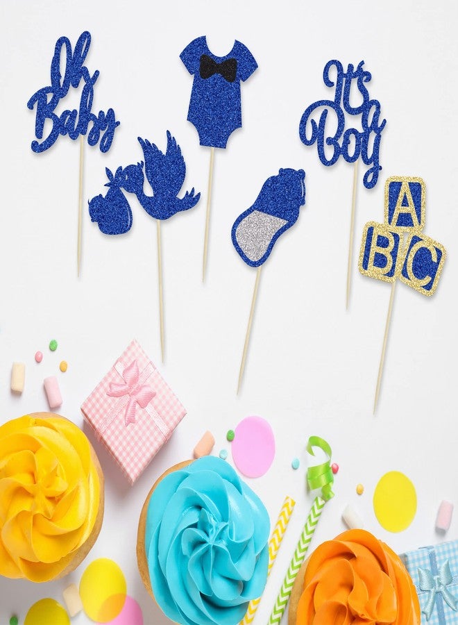 Ephlyn 24Pcs Baby Shower Oh Baby Cupcake Toppers with Bow Onesie Bottle Boy Deep Blue Glitter Cake Picks Decorations for Baby Shower Gender Reveal It's a Boy Birthday Party Supplies - Image 3