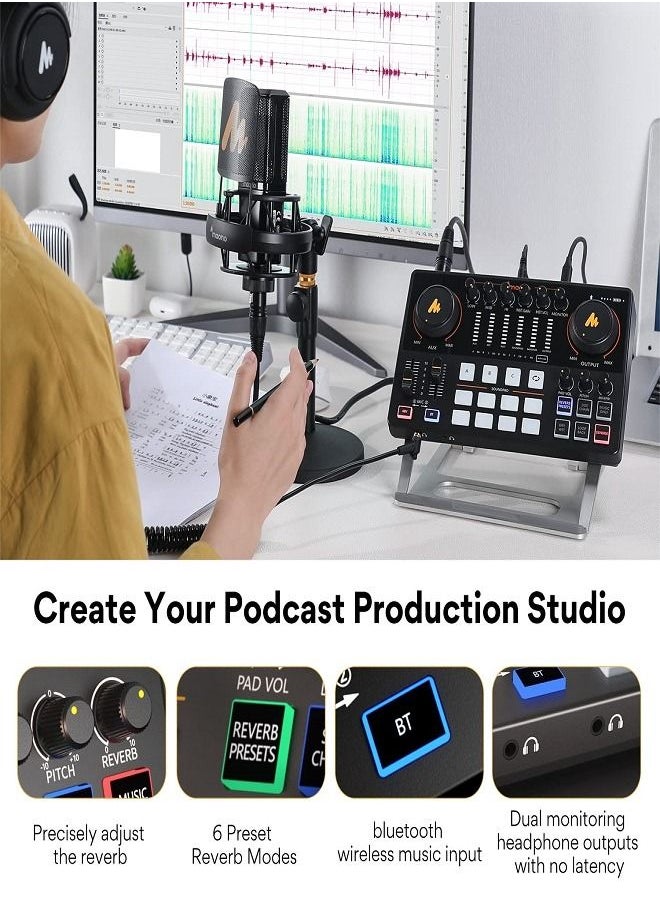 ماونو - واجهة صوتية ، جهاز مزج بودكاست 10 قنوات من MaonoCaster مع Pro-preamp ، طاقة فانتوم 48 فولت ، بلوتوث ، 11 وسادة صوتية مخصصة لتسجيل البث ، البث ، يوتيوب ، تيك توك ، الكمبيوتر الشخصي ، الجيتار - Image 1