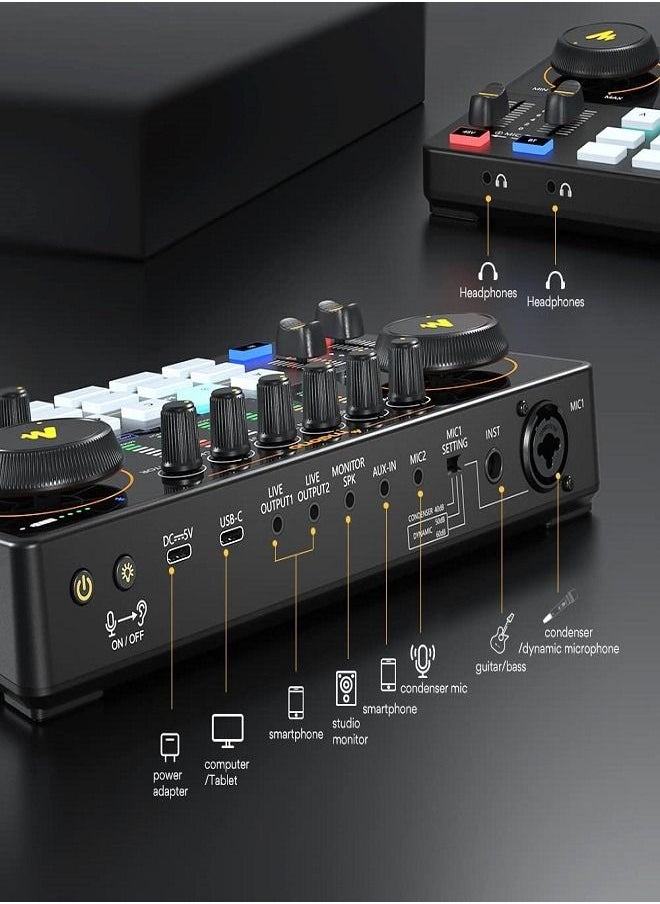 ماونو - واجهة صوتية ، جهاز مزج بودكاست 10 قنوات من MaonoCaster مع Pro-preamp ، طاقة فانتوم 48 فولت ، بلوتوث ، 11 وسادة صوتية مخصصة لتسجيل البث ، البث ، يوتيوب ، تيك توك ، الكمبيوتر الشخصي ، الجيتار - Image 1