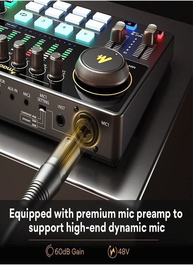 ماونو - واجهة صوتية ، جهاز مزج بودكاست 10 قنوات من MaonoCaster مع Pro-preamp ، طاقة فانتوم 48 فولت ، بلوتوث ، 11 وسادة صوتية مخصصة لتسجيل البث ، البث ، يوتيوب ، تيك توك ، الكمبيوتر الشخصي ، الجيتار - Image 1