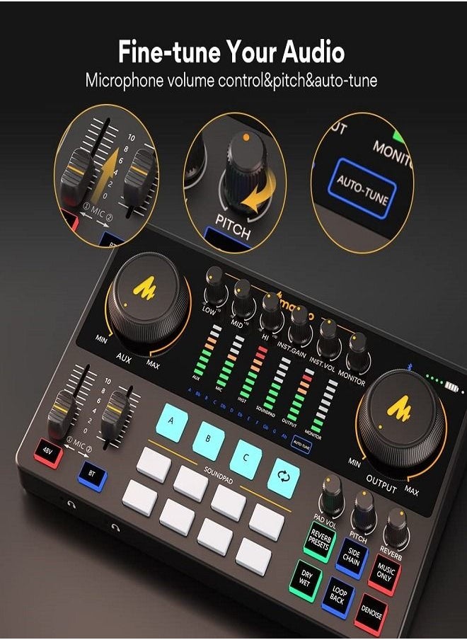 ماونو - واجهة صوتية ، جهاز مزج بودكاست 10 قنوات من MaonoCaster مع Pro-preamp ، طاقة فانتوم 48 فولت ، بلوتوث ، 11 وسادة صوتية مخصصة لتسجيل البث ، البث ، يوتيوب ، تيك توك ، الكمبيوتر الشخصي ، الجيتار - Image 1