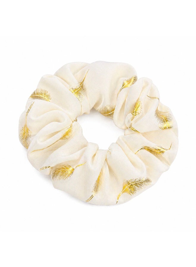 Big Size Off-White Satin Scrunchie With Golden Feathers Print - Image 1