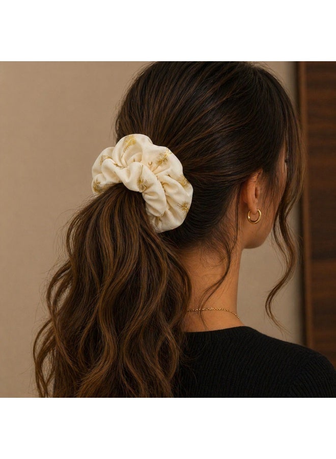 Big Size Off-White Satin Scrunchie With Golden Feathers Print - Image 2