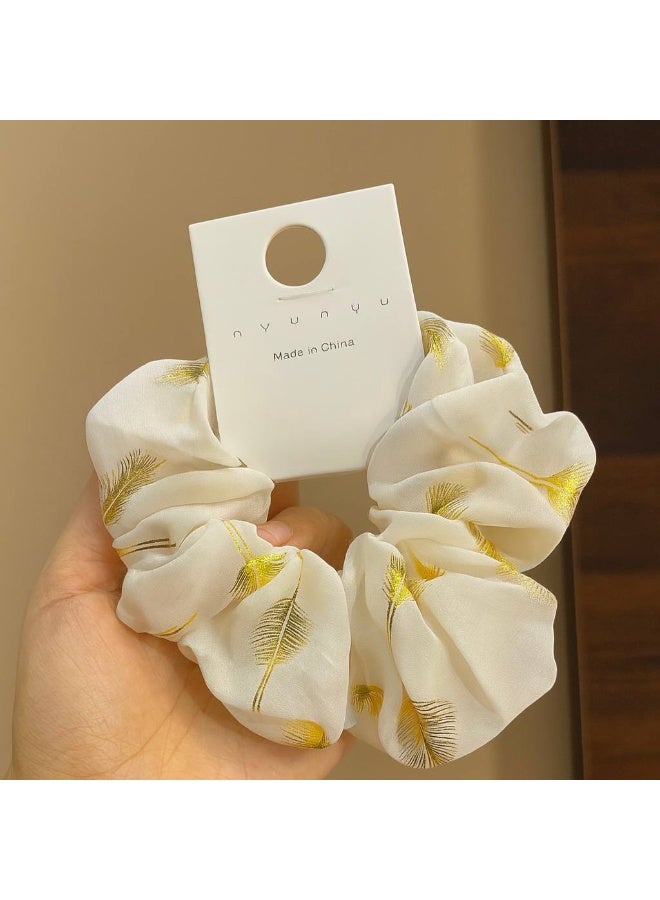 Big Size Off-White Satin Scrunchie With Golden Feathers Print - Image 3