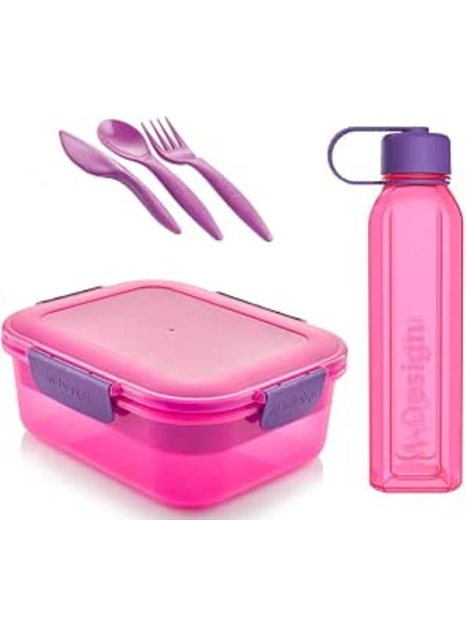 M-Design Lunch Set - 2.1L Lunch Box, 800ml Water Bottle & 3pc. Cutlery Set - Pink with purple cutlery
