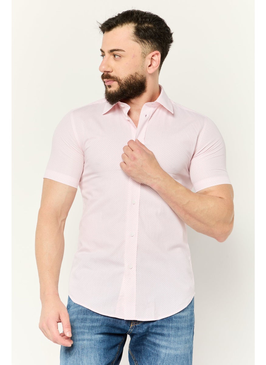 ESPRIT Men Slim Fit Allover Print Short Sleeves Casual Shirt, Pink  - Image 1
