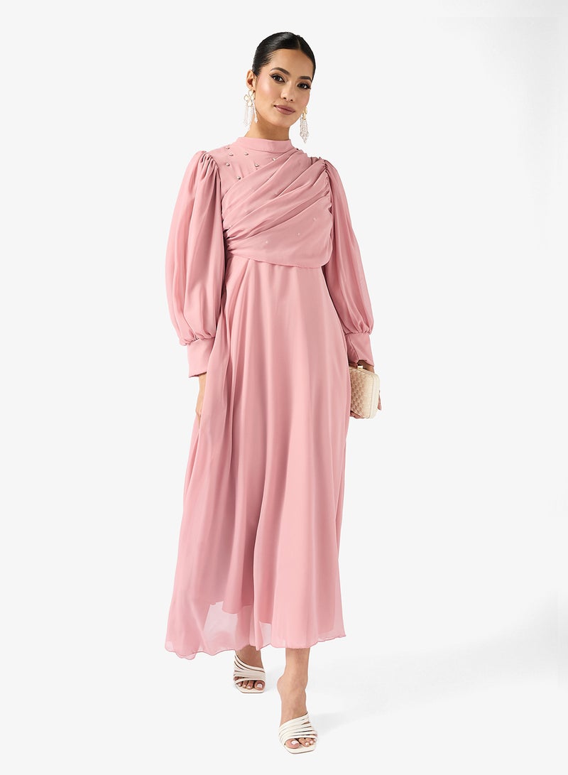 Khizana Draped A-line Dress With Puff Sleeves - Image 1