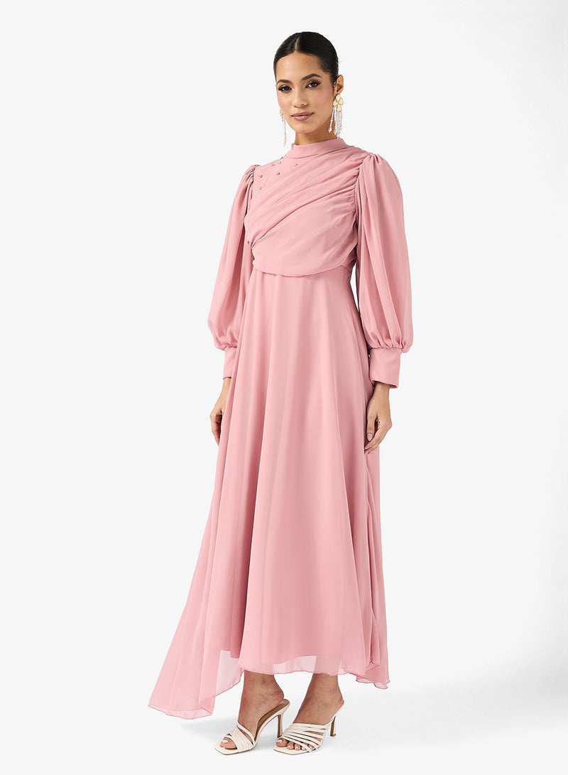 Khizana Draped A-line Dress With Puff Sleeves - Image 4