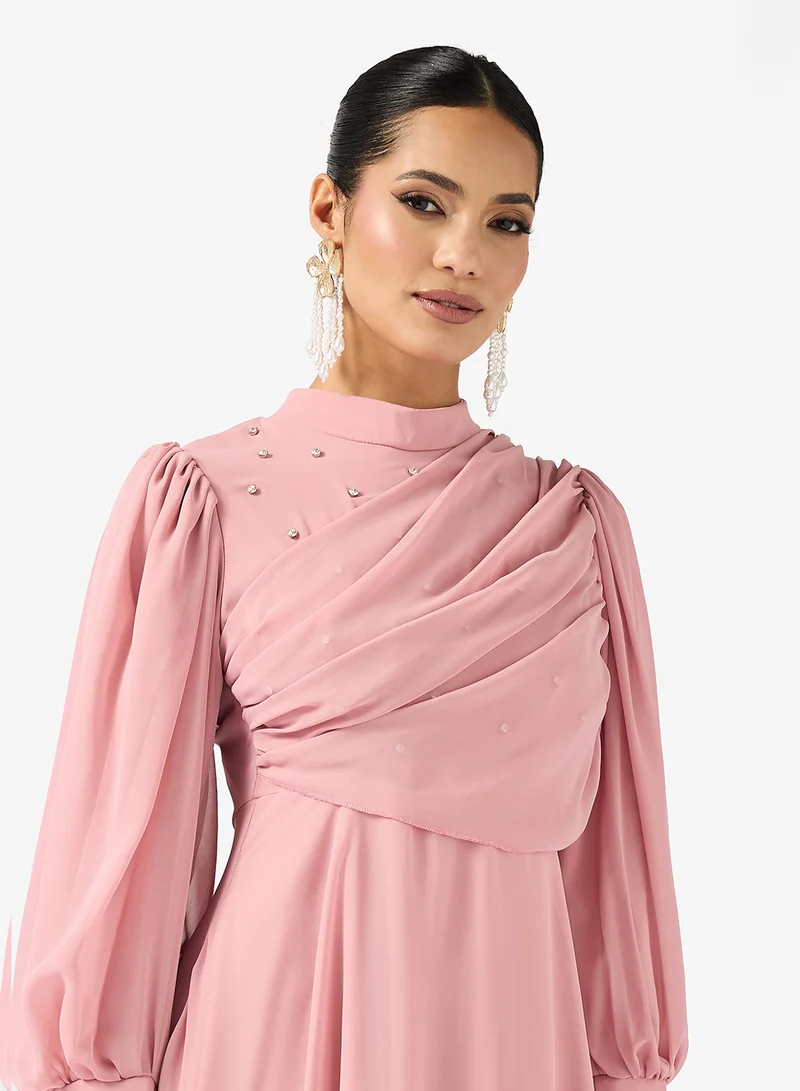 Khizana Draped A-line Dress With Puff Sleeves