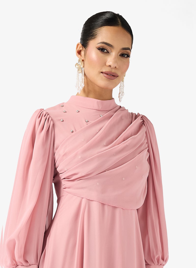 Khizana Draped A-line Dress With Puff Sleeves - Image 3