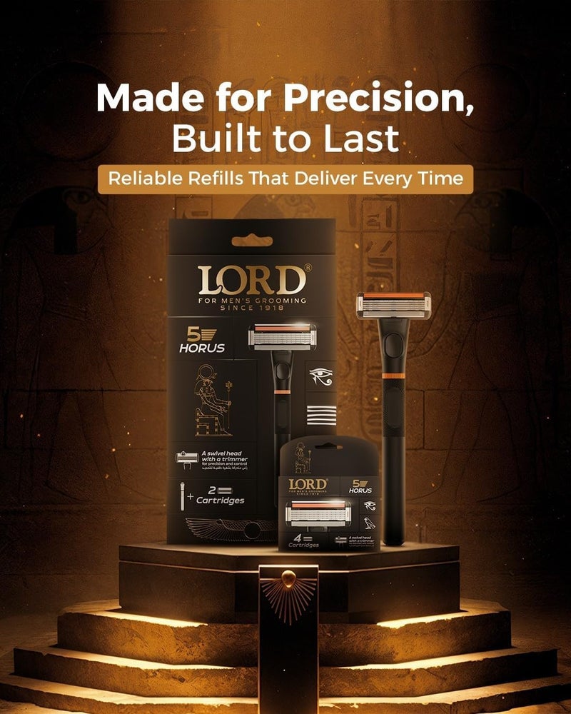 Lord Horus 5 Blade Razor with 2 Cartridges and Built-in Trimmer for Men, Black - Image 1