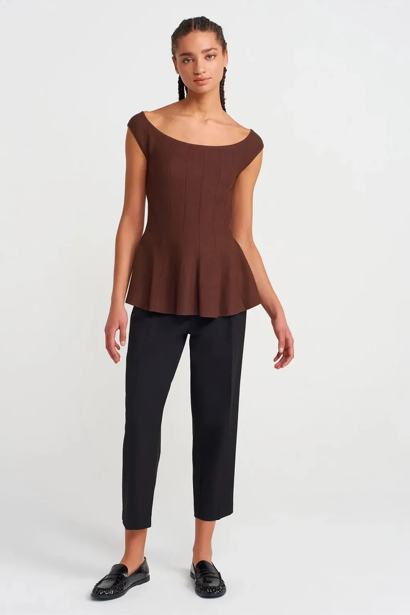 Dilvin Coffee Brown DILVIN Fitted Ribbed Peplum Blouse for Women | Best Price UAE