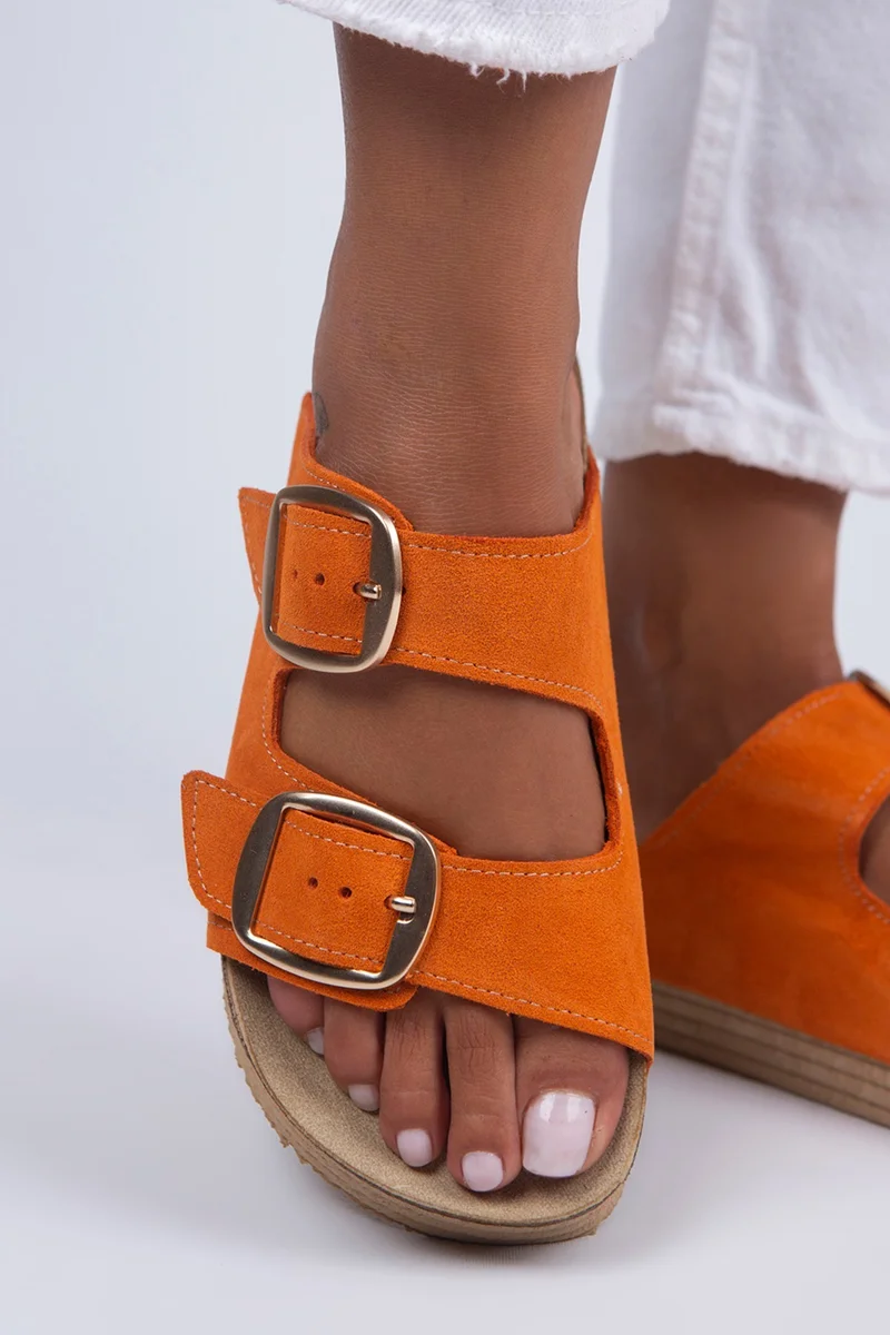Manijero Manijero Selina Women's Genuine Leather Double Buckle Orange - Gold Slippers