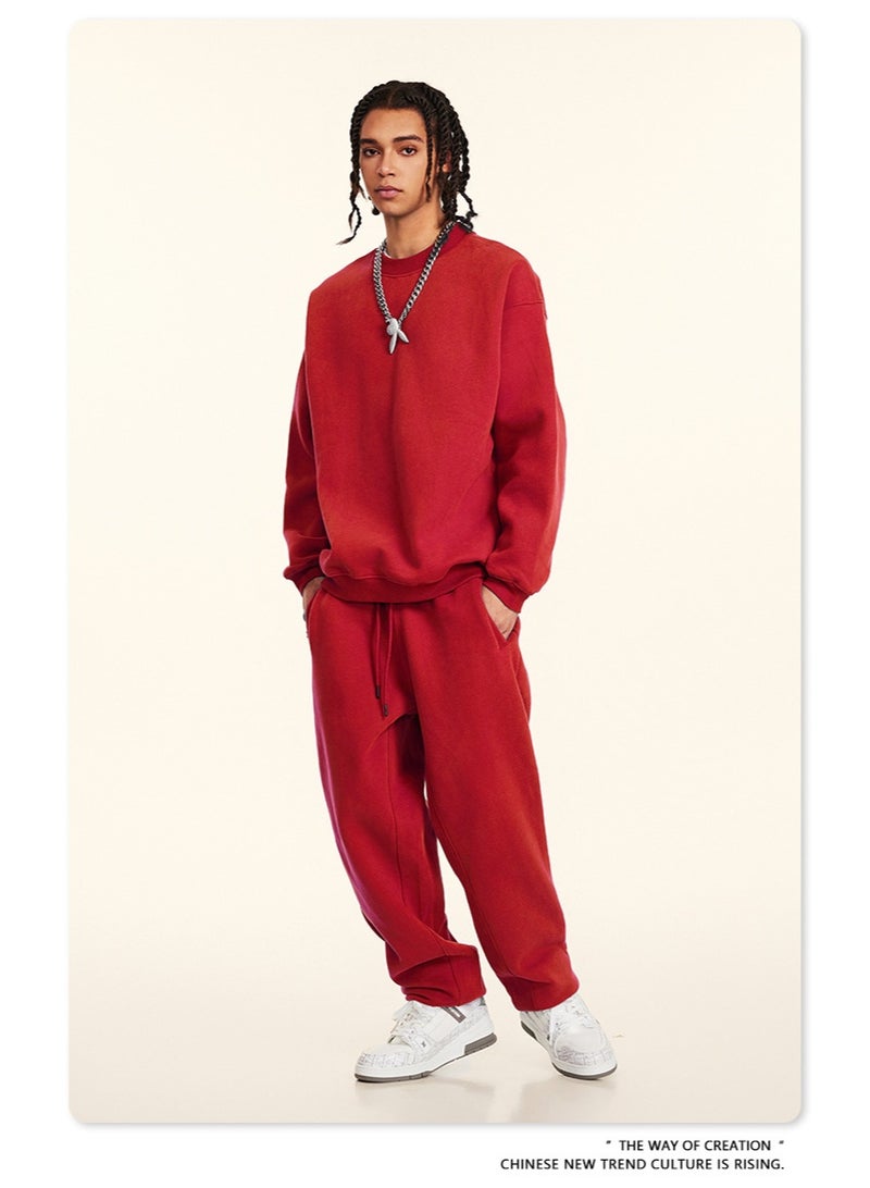 بى طقم هودي جديد من ماركة أمريكية عصرية، إصدار 2025، قطعتان: هودي بأكمام طويلة مبطن بالفرو، بياقة دائرية، وبنطال رياضي بقصة مستقيمة، طقم كاجوال للجنسين (أحمر فاقع). - Image 2