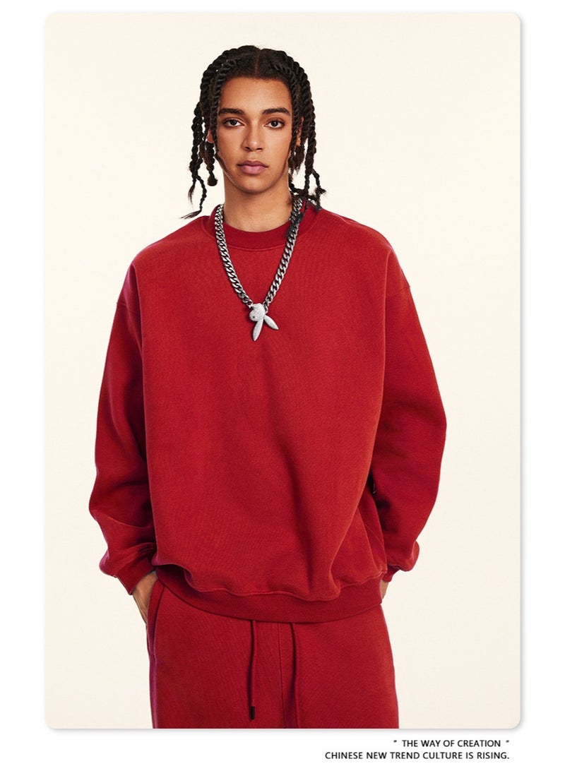 بى طقم هودي جديد من ماركة أمريكية عصرية، إصدار 2025، قطعتان: هودي بأكمام طويلة مبطن بالفرو، بياقة دائرية، وبنطال رياضي بقصة مستقيمة، طقم كاجوال للجنسين (أحمر فاقع). - Image 3