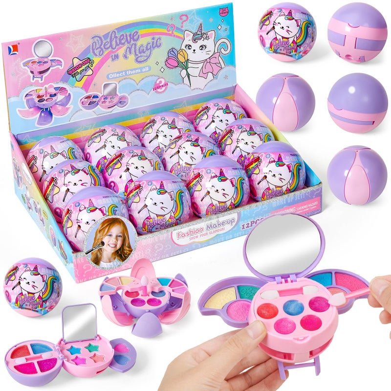 Cleboen 12 Pack Kids Makeup Blind Ball Party Favors - Surprise Cosmetic Blind Balls with Lip Gloss, Eyeshadow & Sponge Blusher (3 Styles, 2 with Mirrors), Party Favors Supplies Gifts for Girls - Image 1