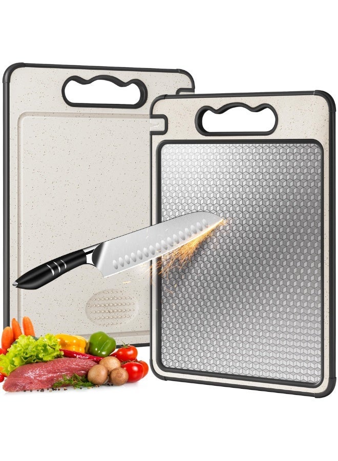 Double Sided 304 Stainless Steel & Wheat Straw Cutting Board, 36.5*25 cm Non Toxic Lightweight Chopping Board, Separately Handle Meat and Vegetables, Dishwasher Safe, Scratch Resistant Mesh Design - Image 1
