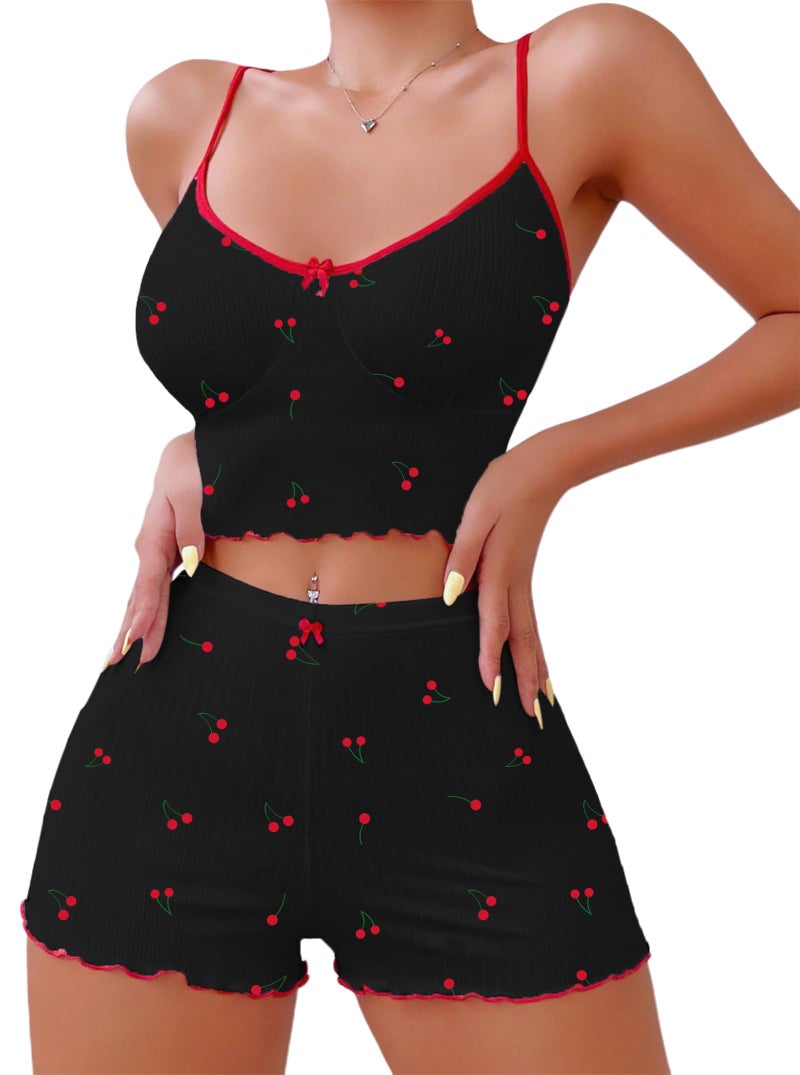 Hilinker Women's 2 Piece Cherry Pajama Set Ribbed Cami Top and Shorts Sleepwear Cute Pjs Black Red Cherry Small - Image 1
